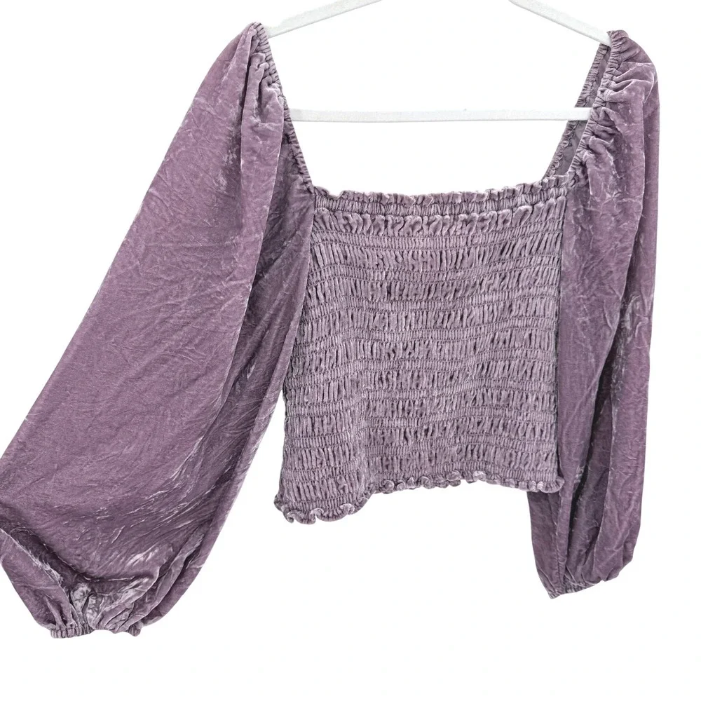 Anthropologie Purple Crushed Velvet Smocked Puff‎ Sleeve Top Square Neck Large